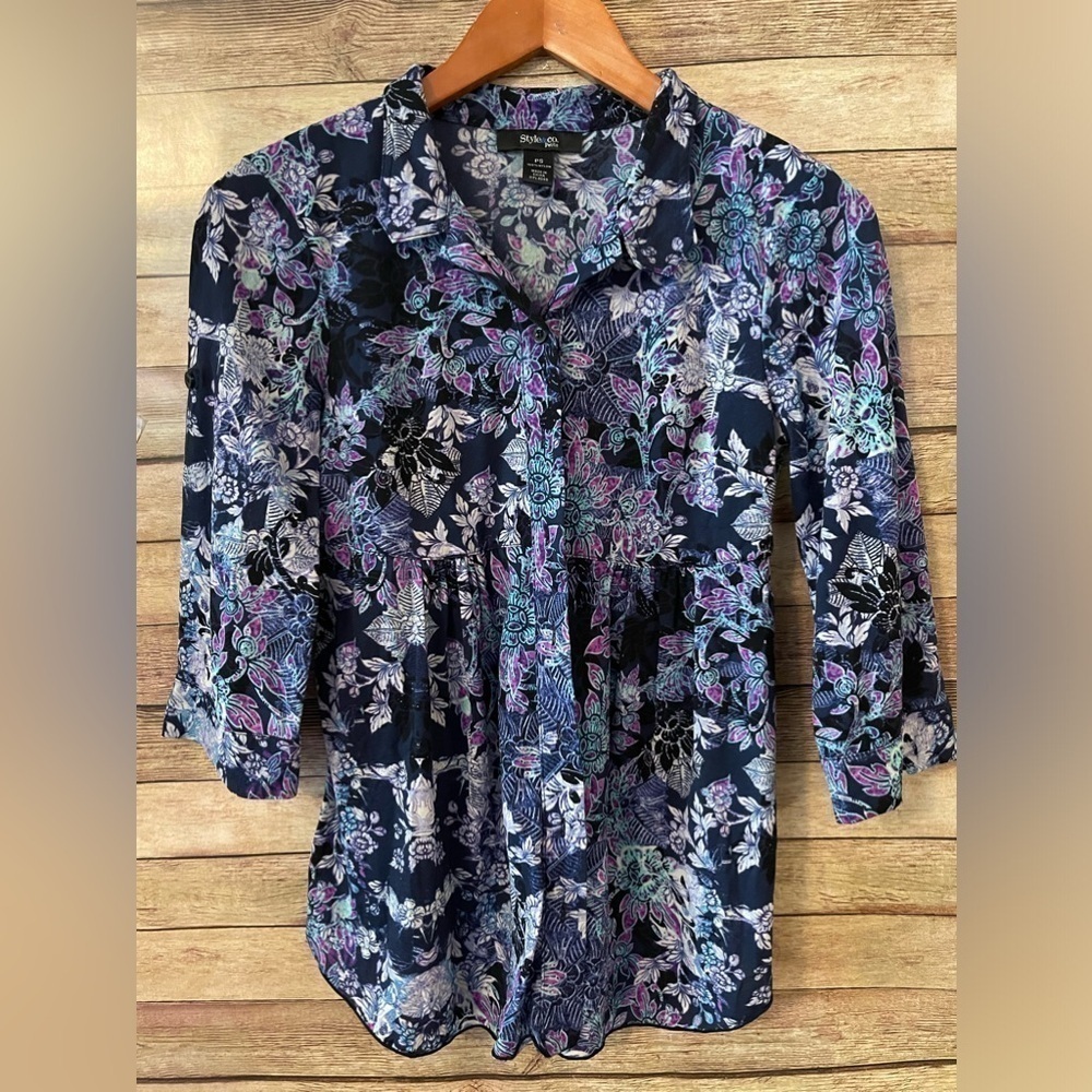Style & Co Womens Shirt Top Multicolor Petite Casual 3/4 Sleeve Size PS